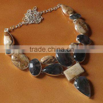 Moss Agate, Picture Jasper Necklace plated 925 Sterling Silver 103 Gms 18-20 Inches