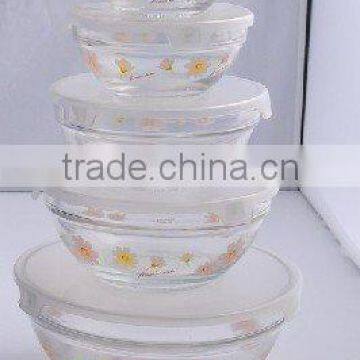 Glass bowl set with cover,5pcs bowl set with flower design