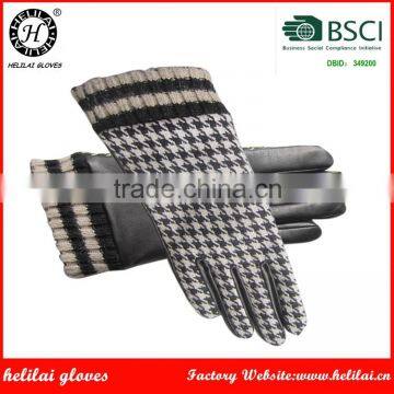 Women 's Black Hairsheep Leather Gloves Hountstooth Daily Life Gloves With Knitted Cuff