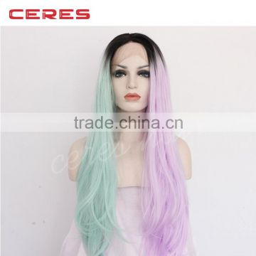 three tones ombre wig lace front synthetic fiber ombre pink to green wig                        
                                                Quality Choice