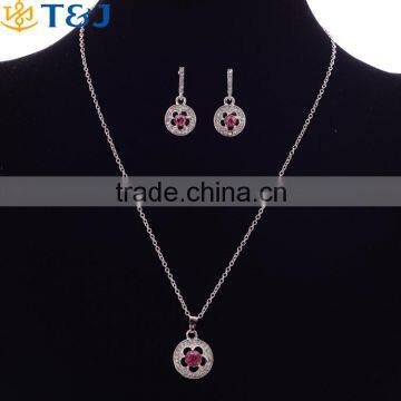 Fashion Ruby Jewelry Set Flower Austrian Crystal Alloy Silver Two-Piece Wedding Accessories Jewelry