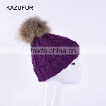 High fashion wool knitting hat with fur ponpon ball on top purple color KZ160075