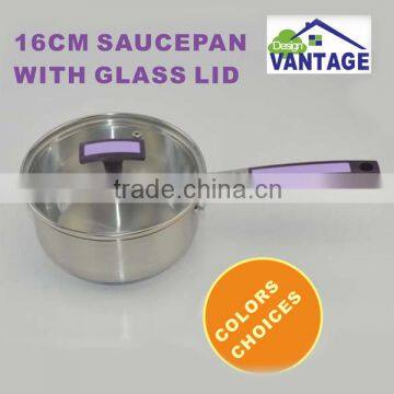 16cm stainless steel saucepan with glass lid/soft touch silicon handle in purple color