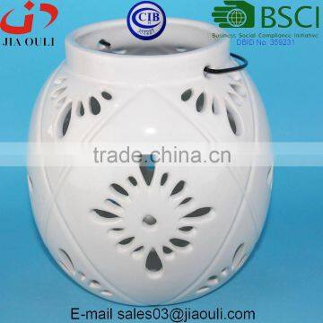 BSCI Audit Factory White Tea Light Lantern With Metal Handle, Ceramic Round Lantern photo-3