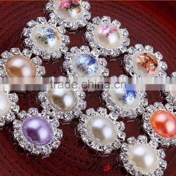 2016 Top Fashion Flower Printed Rhinestone Around Pearl Button photo-4