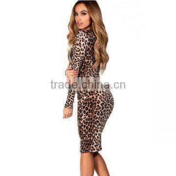Bodycon Dresses Knee Length 2015 Long Sleeve Sexy Leopard Print Dress Black Faux Leather Dress HSD9069 photo-2