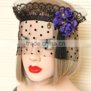 Sexy Lady Black Hollow Lace Mask,Dot Tulle Veil,Lace Flower Headband