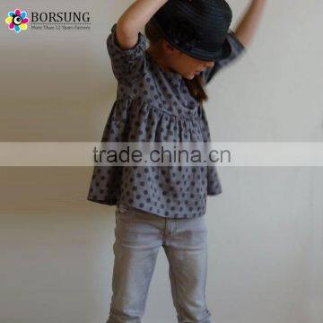 Kids Girls Ruffle Long Sleeve Shirts Grey Dots Cotton Custom Latest New Model Kids Girls Shirts photo-1