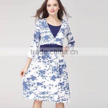 Mamalove OEM 3/4 sleeves Jersey Cotton Floral Women Clothes Breastfeeding Dress Nursing Wear