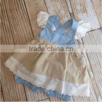 Latest Design 2 Pieces Baby Clothing Outfit Children Ruffle Lace Dress Plain Blue Bloomer Set Wholesale