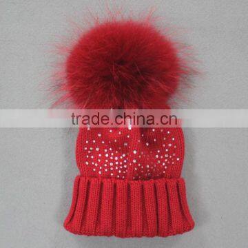 Myfur Latest Design Beige Color Turn Up Beanie With Stone Decoration Real Raccoon Fur Pom Pom photo-4