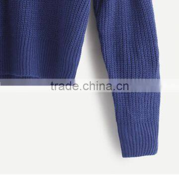 2017 Fall Women Loose Dark Blue Cold Shoulder Knit Sweater photo-3