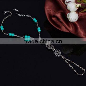 Silver Tone Hollow Charm Finger Ring Chain Green Acrylic Beaded Anklet