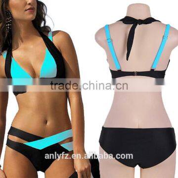 Girls Black And Blue Self-tie Halterneck Sexy Two Pieces Swimsuit Padded Bra Bikini Set