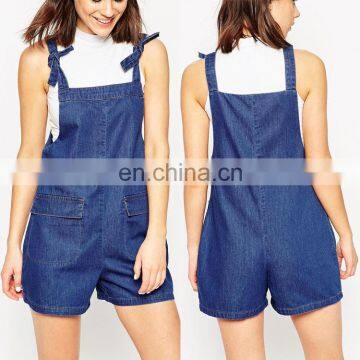 2016 Fashion denim playsuit side pockets jean spaghetti strap denim rompers for ladies