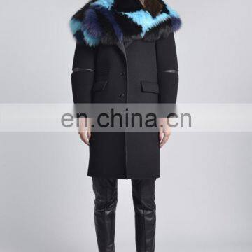 High-End Fox Fur Collar Suit Charm Design Ladies Woollen Coat Classic Black Woollen Overcoat