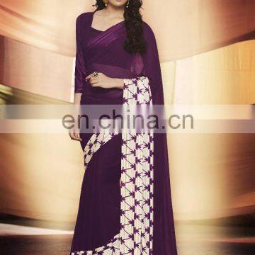 Dark Magenta Colored Georgette Satin Printed Saree.