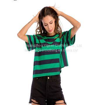 Irregular Ham Short Sleeves Striped Loose Cotton Women's Top