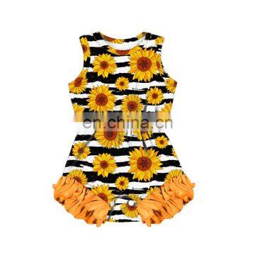 Floral pattern blooming sunflower black and white stripe printing Toddlers Soft Newborn Bodysuit ruffle Girl Romper