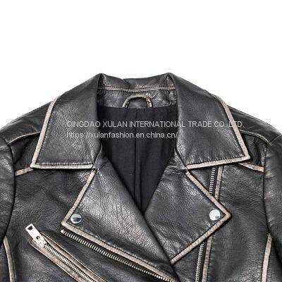 2021 New Women's Female Casual Zipper Leather Motorcycle Jacket With Lapel PU Leather Jacket photo-3