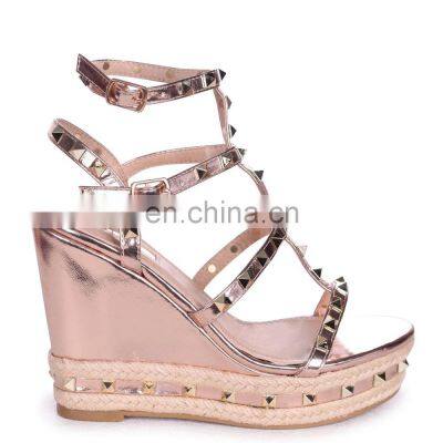 Women rose gold nappa wedge heel with studded detail, ankle strap & rope trim ankle double strap sandals shoes