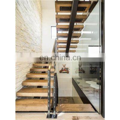 Cable railing stairs wood tread mono beam stairs with U shaped Steps