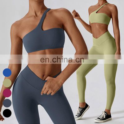 Wholesale Quick Dry Sportswear 2 Piece Set Women Sports V Shaped High Waist Leggings And One Shoulder Sexy Bra Gym Fitness Sets