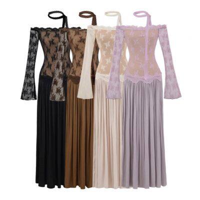 Pure Desire Style Off-shoulder Lace Patched Faux Two-piece Long Sleeve Dress, New Autumn Waist-cinching Slim and Elegant Long Dress photo-2