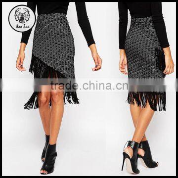 2015 Fashion Asymmetric Tassel / Fringe Jacquard Wrap Skirt for Women