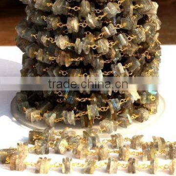10 Feet Square Heishi Cut Labradorite Rosary Style Beaded Chain, Gold Plated Wire Wrapped Chain, Handmade Beaded Chain