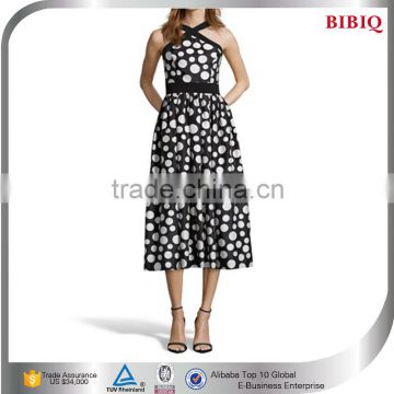 Black And Ivory Polka Dot Patterned Chiffon Midi Semi Formal Dresses