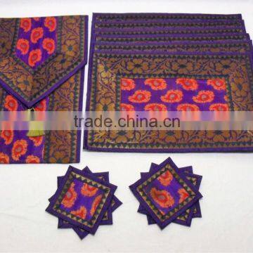 Placemats and Coaster in Purple Color Indian Silk Table Runner