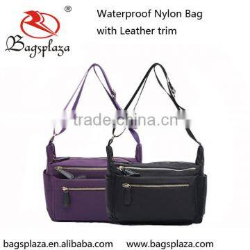 China High Quality Woman Casual Nylon Sling Handbag With Leather Trim photo-4