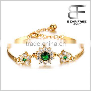 Luxury Green Cubic Zircon Bracelet for women 18k Gold Plated Link Bangle With Bell