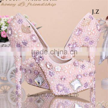 OW23 new design lady noble thin heel pinkcrystal wedding shoes