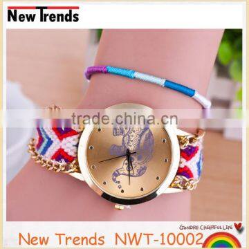 New design colorful braid rope geneva elephant watch weave chain bracelet watch