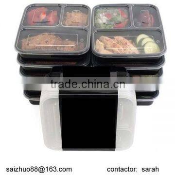 disposable 3-compartment microwave plastic take away bento box with paper sleeve