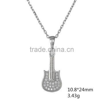 Music Theme Jewelry 925 Sterling Silver Clear Crystal Guitar Shape Pendnat Necklace photo-2