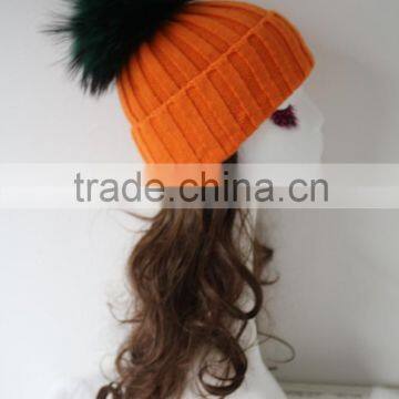 Fashion Green Raccoon Fur Ball Orange Knit Acrylic Hat Classic Huge Raccoon Fur Knitted Beanie Cap