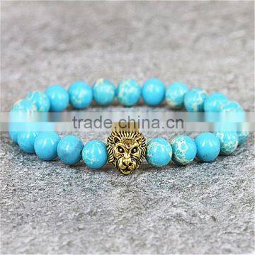 KJL-0017 High Grade Mens Women Beads Bracelet, Light Blue Sea Sidiment Stone Lion Head Bracelet