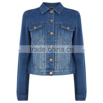 women's Pleat Front denim Jacket with collar, Dark Wash Denim