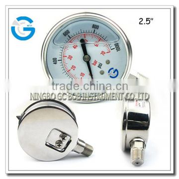 High quality all stainless steel industrial oil pressure guage with bottom mount