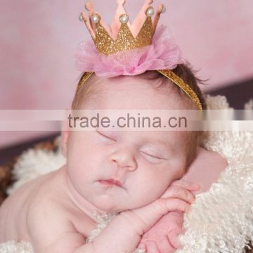 Simple design beauty pageant crown lace headwear / beauty rhinestone queen crown with shiny silk band tie for kids