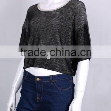 Export Womens' Boat Neck Drop Shoulder 1/2 Sleeve Pullover Knitted Sweater With Jacquard photo-2