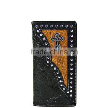 Western floral embossed cowboy rhinestone cross men long bifold wallets