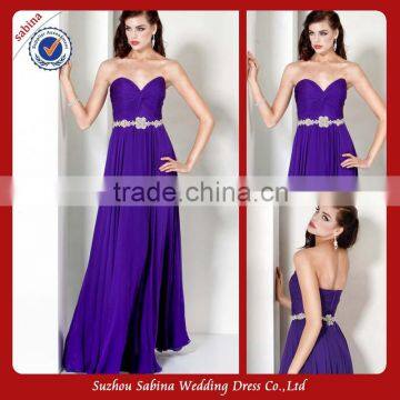 Se34 Elegant Purple Strapless Pleats Sequined Sash A-Line Long Evening Dress