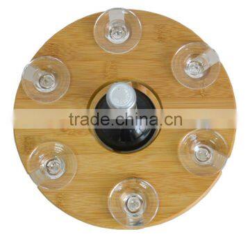 Rotating Bottom Bamboo Table Standing Wine Holder With 6 PCS Glasses photo-3