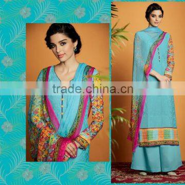 Glossy Light Turquoise Cotton Satin Designer Palazzo Suit/designer long suit