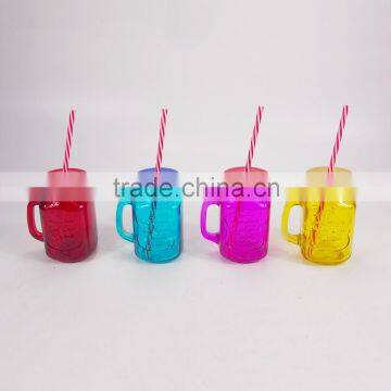 Colorful Lids And Straw Glass Mason Jar With Handle