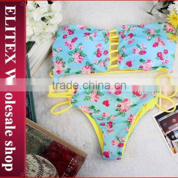 2017 Newest Green Leaves Top Dark Blue Bottom Sexy Print Swimwear Bikini CK378 photo-3